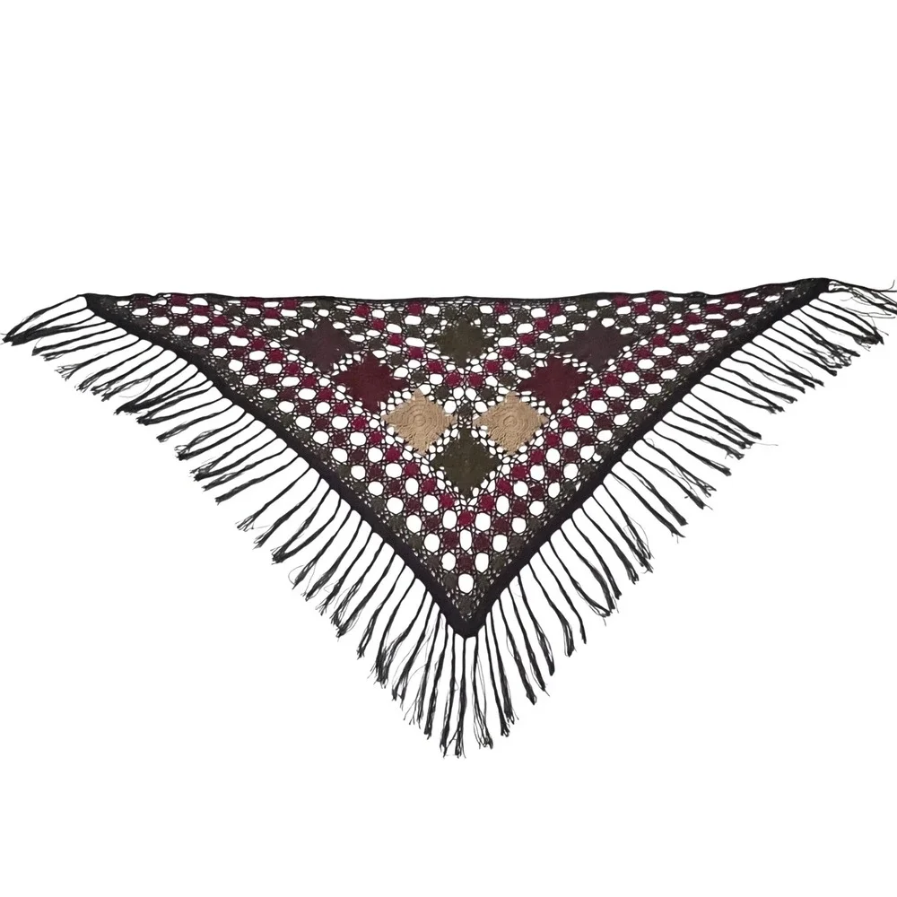 Boho Crochet Triangle Fringe Shawl Wrap‎ Earhtones Cottagecore Victorian Granny
